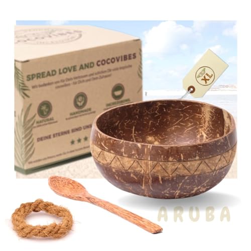 cocovibes Kokosnuss Bowl – Müslischale, Smoothie Kokosnuss Schale mit Anti-Kipp-Ring & Holzlöffel – nachhaltige Dessert & Buddha Schale (ARUBA-1) von cocovibes