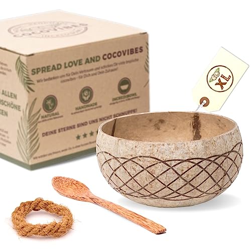 cocovibes Kokosnuss Bowl – Müslischale, Smoothie Kokosnuss Schale mit Anti-Kipp-Ring & Holzlöffel – nachhaltige Dessert- & Buddha-Schale (HAWAII-1) von cocovibes