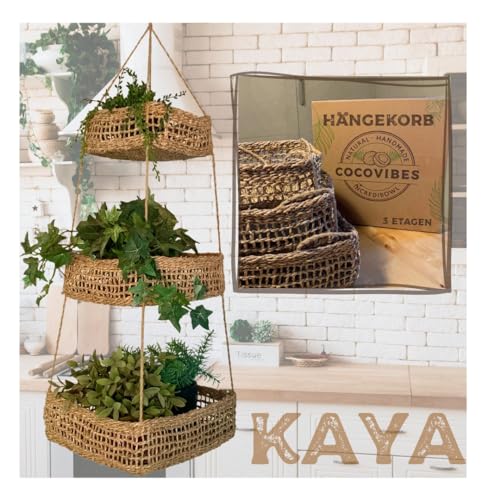 cocovibes KAYA Obstkorb hängend mit 3 Körben aus Seegras/Obst Aufbewahrung/Deko Küche quadratisch 32+28+22 cm/Küche Hänge Etagere/Obstschale/Obst Etagere/Fruit Basket von cocovibes