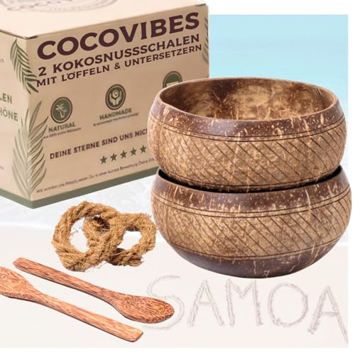 cocovibes Kokosnuss Bowls - 2er Set Müslischalen, Smoothie Kokosnuss Schalen mit Anti-Kipp-Ring & HolzLöffel – nachhaltige Dessert & Buddha Bowls (SAMOA-2) von cocovibes