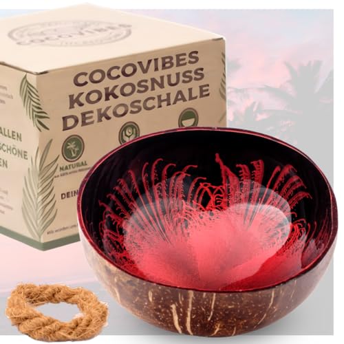 cocovibes Kokosnuss Schale RUBY inkl. Untersetzer/Snack Schale/Deko Schale für Schlüssel/Schmuck Schale/Servierschale/modern Splash rot von cocovibes