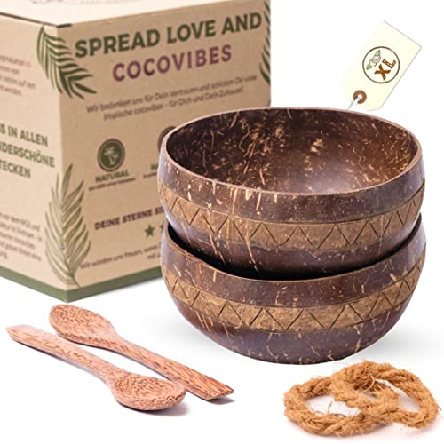 cocovibes Kokosnuss Schale ARUBA/handgemachte Müslischalen im 2er Set inkl. Löffel und Untersetzer/Jumbo Kokosnussschalen/Smoothie Bowl Schüssel von cocovibes