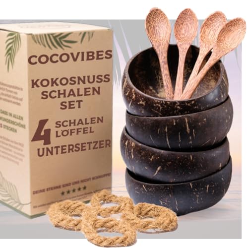 cocovibes CLASSIC Kokosnuss Schalen 4er Set mit Löffel und Untersetzer/Ø ca. 14 cm/Smoothie Bowl Schüssel/handgefertigte Bowls/Frühstücksbowl von cocovibes