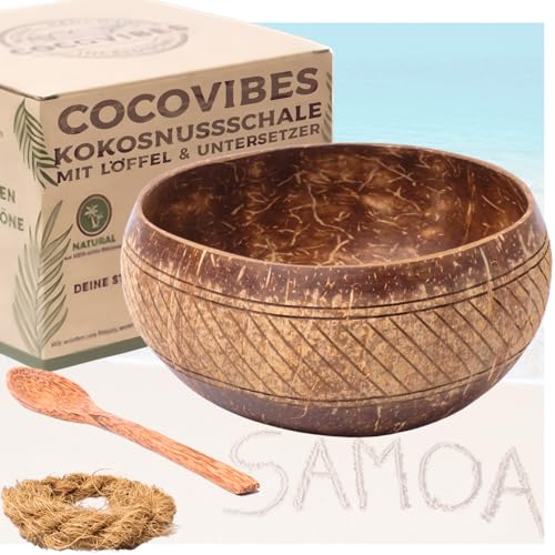 cocovibes Kokosnuss Schale SAMOA/Müslischale inkl. Holzlöffel und Untersetzer/natürliche Jumbo Müslischale/Smoothie Bowl Schüssel/nachhaltige Frühstücksschale von cocovibes