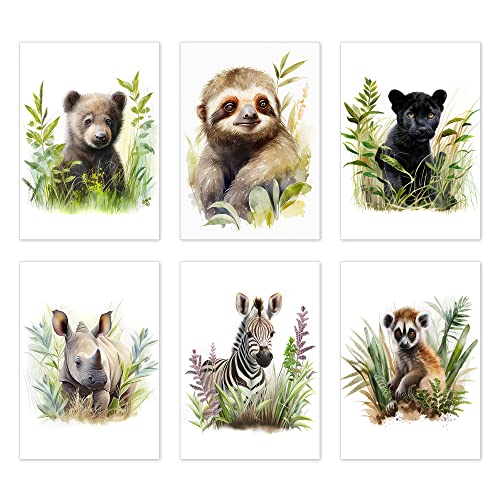 codiarts.® 6er Poster Set - deine Tierfreunde - Kinderzimmer, Baby Babyzimmer Deko, niedliche glückliche Tiere, Digitaldruck von Aquarellbildern, Poster ohne Rahmen (Jungle-01, DIN-A4) von codiarts.