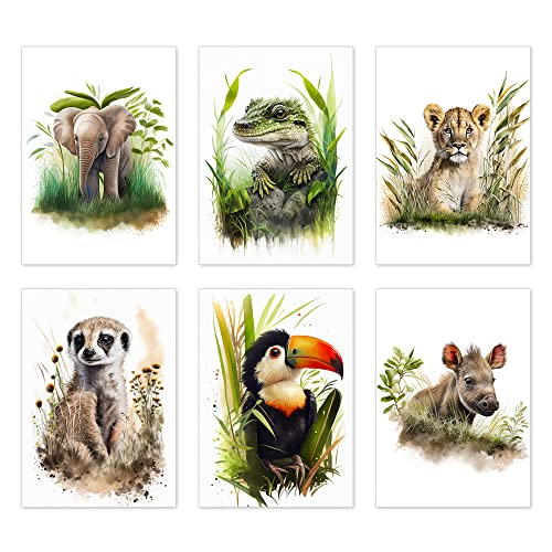 codiarts.® 6er Poster Set - deine Tierfreunde - Kinderzimmer, Baby Babyzimmer Deko, niedliche glückliche Tiere, Digitaldruck von Aquarellbildern, Poster ohne Rahmen (Jungle-02, DIN-A4) von codiarts.