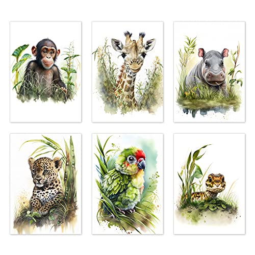 codiarts.® 6er Poster Set - deine Tierfreunde - Kinderzimmer, Baby Babyzimmer Deko, niedliche glückliche Tiere, Digitaldruck von Aquarellbildern, Poster ohne Rahmen (Jungle-03, DIN-A4) von codiarts.