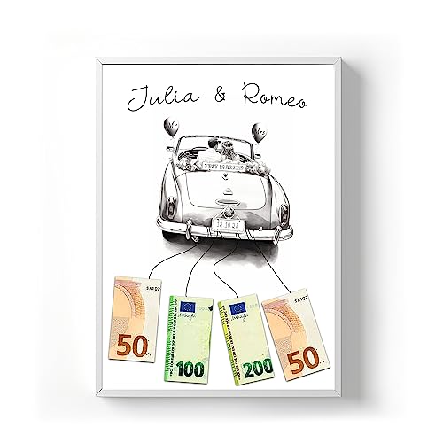 codiarts. Personalisiertes Geldgeschenk Poster – optional mit Rahmen – Gastgeschenk Hochzeit mit Namen und Datum – Hochzeitsgeschenk für Brautpaar (Auto 1, DIN A4) von codiarts.