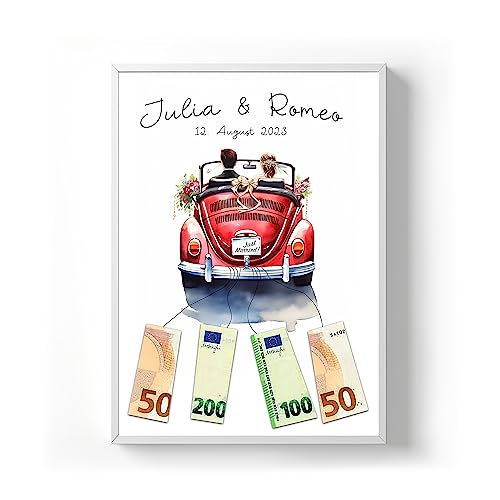 codiarts. Personalisiertes Geldgeschenk Poster – optional mit Rahmen – Gastgeschenk Hochzeit mit Namen und Datum – Hochzeitsgeschenk für Brautpaar (Auto 3, DIN A4) von codiarts.