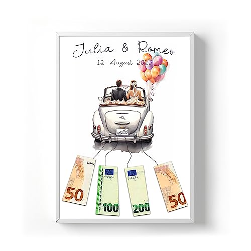 codiarts. personalisiertes Geldgeschenk Poster optional mit Rahmen, Gastgeschenk Hochzeit mit Namen und Datum, Hochzeitsgeschenke für Brautpaar | Geldgeschenke Geschenk Wedding (Auto 4, DIN A4) von codiarts.