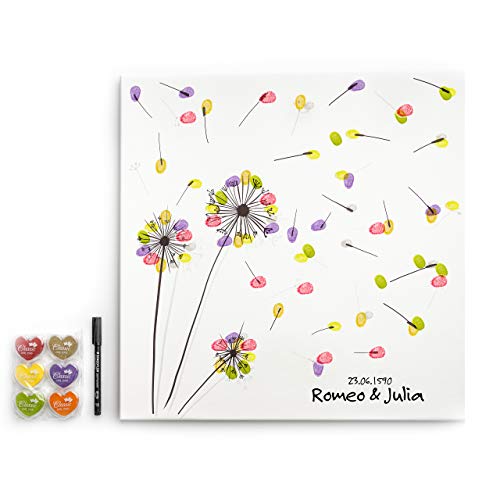 codiarts. Leinwand für Hochzeit, Jubiläum, Familienfeier, als Gästebuch inkl. Stempelkissen für Fingerabdruck und Stift - Motiv Pusteblume - 50x50cm, Made in Germany von codiarts.