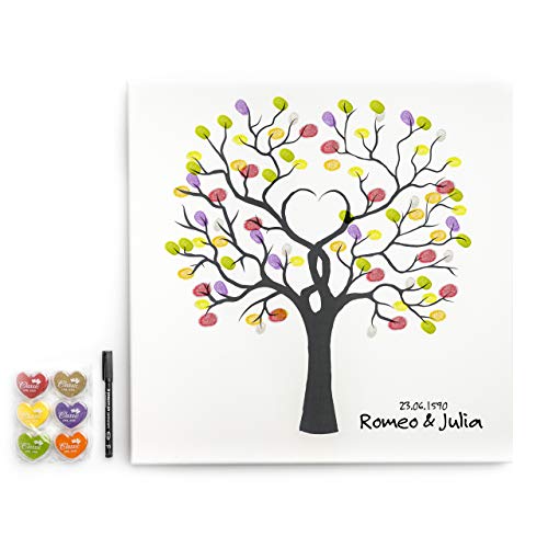 codiarts. Leinwand für Fingerabdrücke DIY Hochzeit, Jubiläum, Familienfeier, Party, Geburtstag als Gästebuch inkl. Stempelkissen und Stift - Motiv Baum wedding tree- 50x50cm, made in Germany von codiarts.