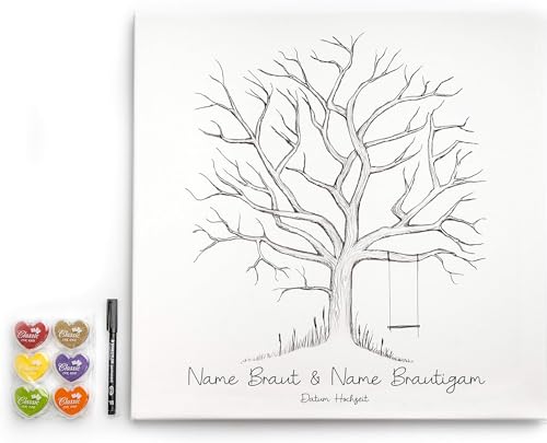 codiarts. personalisierte Leinwand für Fingerabdrücke | 50x50cm | Hochzeit | Jubiläum | Geburtstag | als Gästebuch inkl. Stempelkissen und Stift - Motiv Baum wedding tree (Baum mit Schaukel) von codiarts.