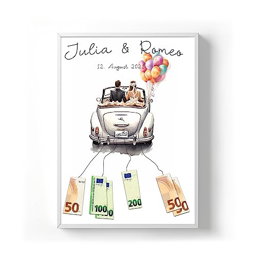 codiarts. Personalisiertes Geldgeschenk Poster – optional mit Rahmen – Gastgeschenk Hochzeit mit Namen und Datum – Hochzeitsgeschenk für Brautpaar (Auto 4, DIN A3) von codiarts.