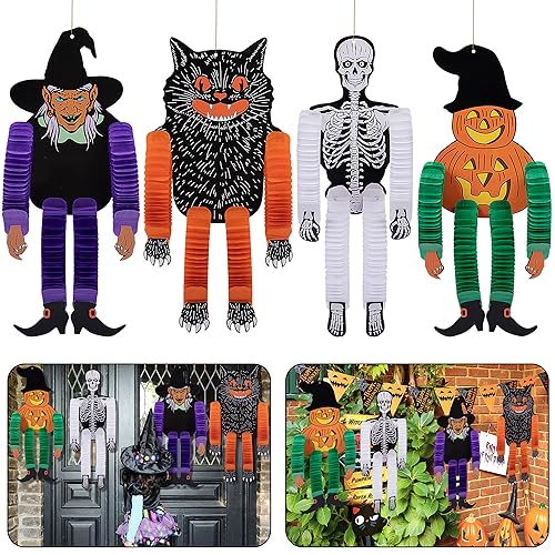 codree 4 Stück Vintage Halloween Tissue Tänzer - L-Größe Hexe Schädel Seidenpapier Hängende Dekoration – Gruselige Halloween Papier Hängende Ornamente für Baumtür Wand Heimdekoration von codree