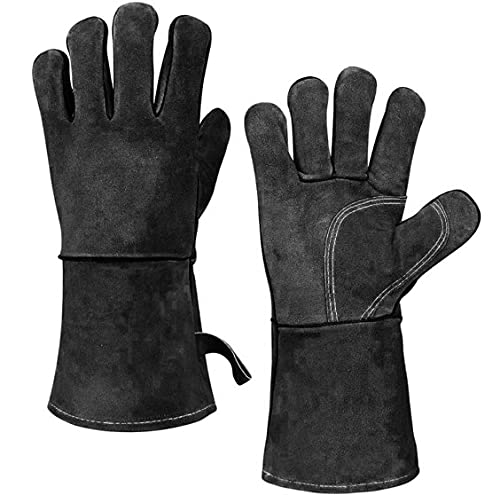 COFI 1453 Grillhandschuhe Ofenhandschuh schwarzem Leder hitzebeständig Kamin-Handschuhe schwarz von COFI 1453