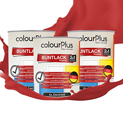 colourPlus 2in1 Buntlack Glänzend (2,5L Feuerrot/Rot RAL 3000) – Wetterfeste Holzfarbe Holzlack & Küchenmöbellack. Getrocknet auch für Kinderspielzeug. Für Innen & Außen von colourPlus Farbe und mehr