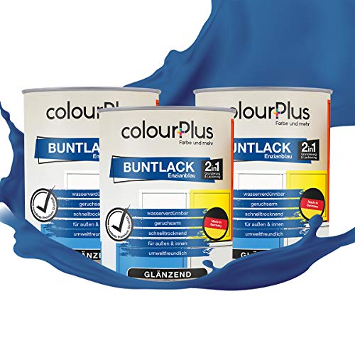 colourPlus 2in1 Buntlack Glänzend (2,5L Enzianblau / Blau RAL 5010) – Wetterfeste Holzfarbe Holzlack & Küchenmöbellack. Getrocknet auch für Kinderspielzeug. Für Innen & Außen von colourPlus Farbe und mehr