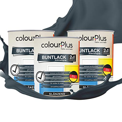 colourPlus 2in1 Buntlack Glänzend (2,5L Anthrazitgrau / Dunkel Grau RAL 7016) – Wetterfeste Holzfarbe Holzlack Küchenmöbellack. Getrocknet auch für Kinderspielzeug. Für Innen & Außen von colourPlus Farbe und mehr