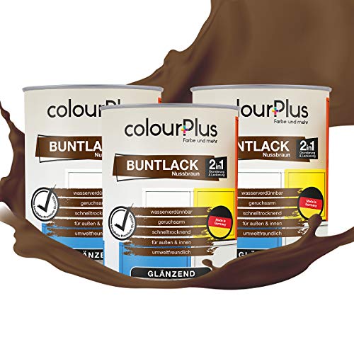 colourPlus 2in1 Buntlack Glänzend (2,5L Nussbraun / Braun RAL 8011) – Wetterfeste Holzfarbe Holzlack & Küchenmöbellack. Getrocknet auch für Kinderspielzeug. Für Innen & Außen von colourPlus Farbe und mehr