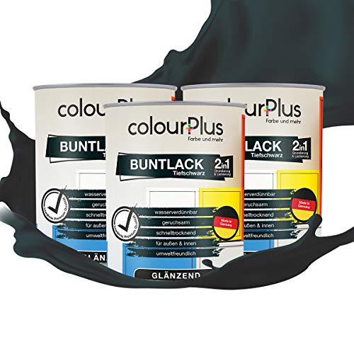 colourPlus 2in1 Buntlack Glänzend (2,5L Tiefschwarz/Schwarz RAL 9005) – Wetterfeste Holzfarbe Holzlack & Küchenmöbellack. Getrocknet auch für Kinderspielzeug. Für Innen & Außen von colourPlus Farbe und mehr