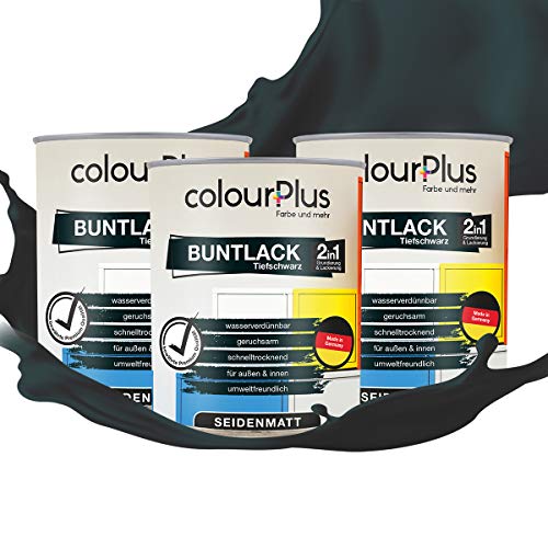 colourPlus 2in1 Buntlack Seidenmatt (2,25L Tiefschwarz / Schwarz RAL 9005) – Wetterfeste Holzfarbe Holzlack Küchenmöbellack. Getrocknet auch für Kinderspielzeug. Schnelltrocknend, Innen Außen von colourPlus Farbe und mehr