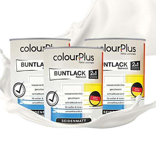 colourPlus 2in1 Buntlack Seidenmatt (2,25L Reinweiß/Weiß RAL 9010) – Wetterfeste Holzfarbe Holzlack Küchenmöbellack. Getrocknet auch für Kinderspielzeug. Schnelltrocknend, Für Innen Außen von colourPlus Farbe und mehr