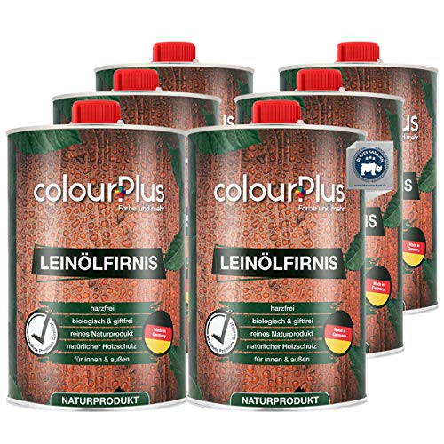 colourPlus®️ biologisches Leinölfirnis (6x1L, seidenglänzend) schützendes Holz ÖL für Innen und Außen - pflegendes Holzöl aussen - Made in Germany von colourPlus Farbe und mehr