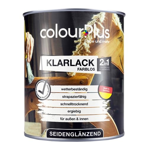 colourPlus 2 in 1 Klarlack 750ml Seidenmatt - Hochwertiger Holzlack für innen und außen, UV- und wetterbeständig, optimaler Schutz und Veredelung für Holz. Spielzeugsicher von colourPlus Farbe und mehr