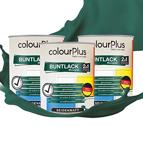 colourPlus 2in1 Buntlack Seidenmatt (2,25L Moosgrün / Grün RAL 6005) – Wetterfeste Holzfarbe Holzlack Küchenmöbellack. Getrocknet auch für Kinderspielzeug. Schnelltrocknend, Für Innen Außen von colourPlus Farbe und mehr