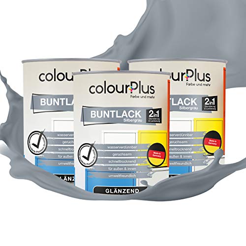 colourPlus 2in1 Buntlack Glänzend (2,5L Silbergrau / Grau RAL 7001) – Wetterfeste Holzfarbe Holzlack & Küchenmöbellack. Getrocknet auch für Kinderspielzeug. Für Innen & Außen von colourPlus Farbe und mehr