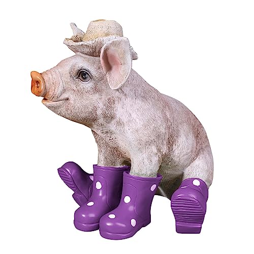 colourliving Deko Schwein Erich das Schwein mit Hut und Stiefel Schweine Figuren Garten Dekofigur Schweinchen lustige Gartenfiguren (sitzend, Lila) von colourliving