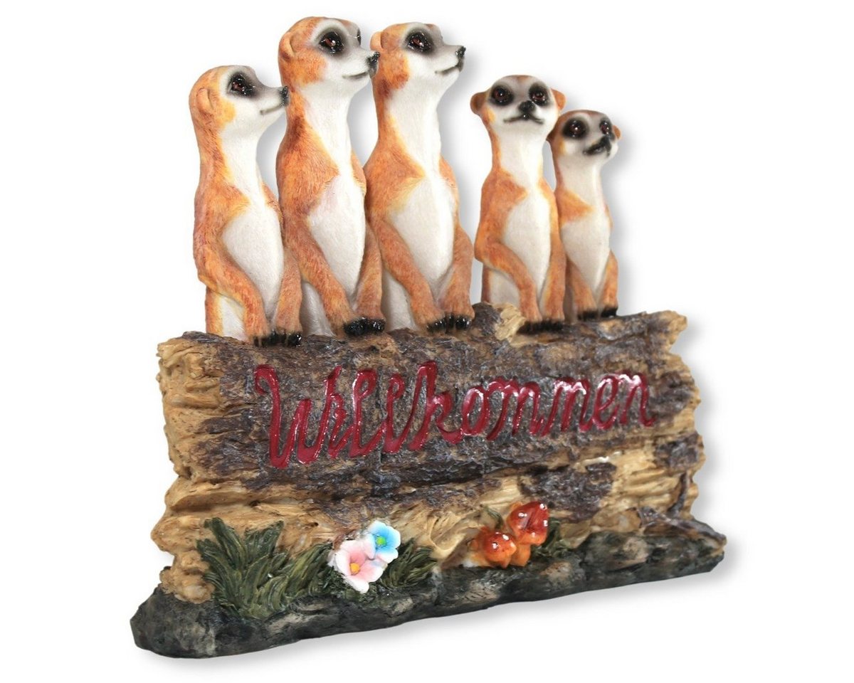 colourliving Dekofigur Gartenfigur Erdmännchen Familie Willkommen Schild Garten Dekoration, handbemalt, süße Erdmännchen Familie, Willkommens Schild von colourliving