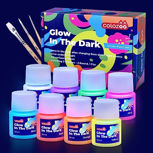 colozoo Glow in the Dark Acryl Farben Set | 8x20ml Fluoreszierende Farbe + 3 Pinsel | Die Nachtleuchtend Acrylfarben sind Dauerhaft auf jede Oberflächen colozoo Glow in the Dark Acryl Farben Set | 8x20ml Fluoreszierende Farbe + 3 Pinsel | Die Nachtleuchtend Acrylfarben sind Dauerhaft auf jede Oberflächen von colozoo