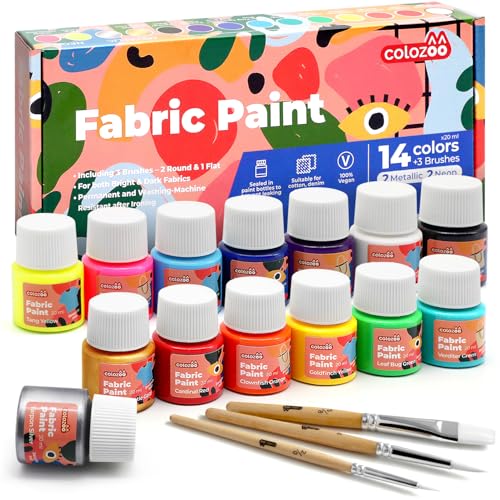 colozoo Textilfarbe Waschmaschinenfest 14x20ml | Waschfestes Set inkl. Gold, Silber, 2 Neonfarben & 3 Pinsel | Zum Malen auf dunklen und hellen Stoffen colozoo Textilfarbe Waschmaschinenfest 14x20ml | Waschfestes Set inkl. Gold, Silber, 2 Neonfarben & 3 Pinsel | Zum Malen auf dunklen und hellen Stoffen von colozoo