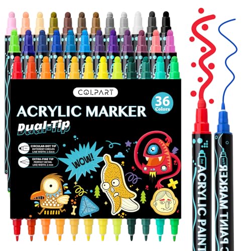Acrylstifte für Steine Wasserfest 36Acrylfarben Stifte Bemalen Dual Tip Acrylic Paints Permanent Multimarker Steine Zum Acrylmarker für Holz, Leinwand, Glas, Papier, Keramik von colpart