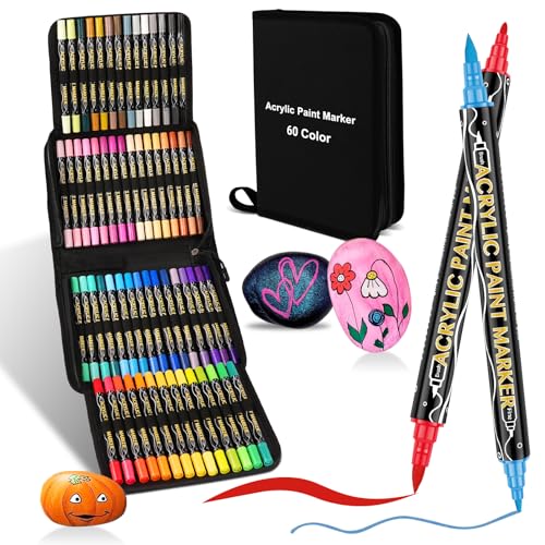 colpart Acrylstifte für Steine wasserfest-60Bagtype-Steine Bemalen Doppelendige Acrylic Paint Ostereier zum Bemalen Stift Für Kunststoff Glas Holz Keramik Metall Reifen Leinwand. von colpart