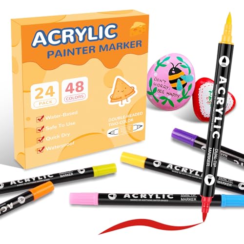 colpart Dual-Tip 48Colors Set Acrylstifte für Steine wasserfest-Steine Bemalen Doppelendige Acrylic PaintPermanent Marker Stift Für Eier Färben Kunststoff Glas Holz Keramik Metall Leinwand von colpart