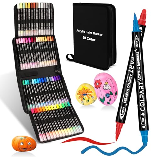 colpart Acrylstifte für Steine wasserfest-Steine Ostereier zum Bemalen Doppelendige Acrylic PaintPermanent Marker Stift Für Kunststoff Glas Holz Keramik Metall Reifen Leinwand.60BagtypeBrushSet von colpart