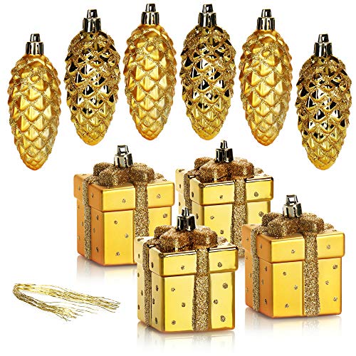 COM-FOUR® 10-teiliges Christbaumanhänger-Set, bruchfester Weihnachtsbaumschmuck in Form von Zapfen & Geschenken, tolle Weihnachtsdekoration von com-four