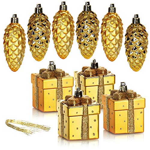 com-four® 10-teiliges Christbaumanhänger-Set, bruchfester Weihnachtsbaumschmuck in Form von Zapfen & Geschenken, tolle Weihnachtsdekoration von com-four