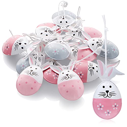 com-four® 12x Dekoaufhänger Ostern - Osterhase in Ei-Form aus Metall - Osterdeko zum Aufhängen an Strauch, Baum, Tür und Fenster (grau + rosa) von com-four