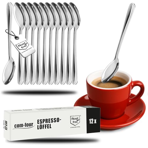 COM-FOUR® 12x Espressolöffel aus rostfreiem Stahl - stilvolles Tafelbesteck im schlichten Design - Teelöffel - Dessertlöffel - Teeservice (12 Stück - Espresso Löffel 12cm) von com-four