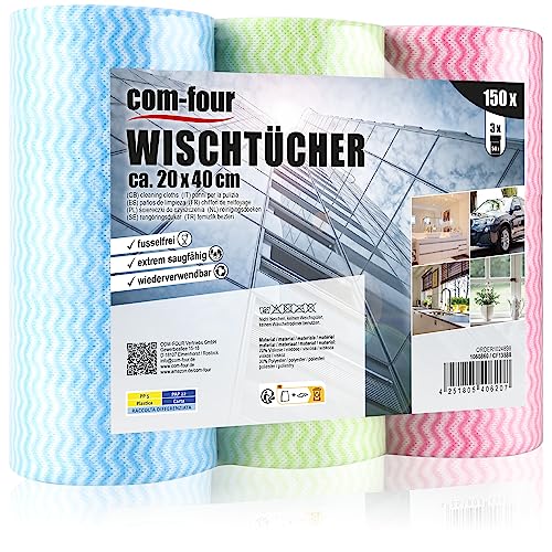 com-four® 150x Putztücher auf Rolle - Reinigungstücher für Küche, Bad und Haushalt - Mehrzweck-Lappen in DREI Farben - Putzlappen (0150 Blatt - 20x40cm - 3 Farben) von com-four
