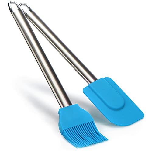 COM-FOUR® 2-teiliges Back-Set mit Teigschaber und Kuchenpinsel aus Silikon - Teig-Spatel für die Küche - Backpinsel mit Metall-Griff (2-teilig - Pinsel + Schaber blau) von com-four