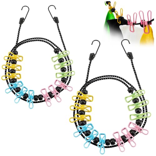 COM-FOUR® 2X Reisewäscheleine - 180-350 cm je Leine- Camping Wäscheleine mit reflektierendem Spanngummi - Wäscheleine mit je 12 Metall Klammern - Mobile Wäscheleine mit Haken (bunt/schwarz) von com-four
