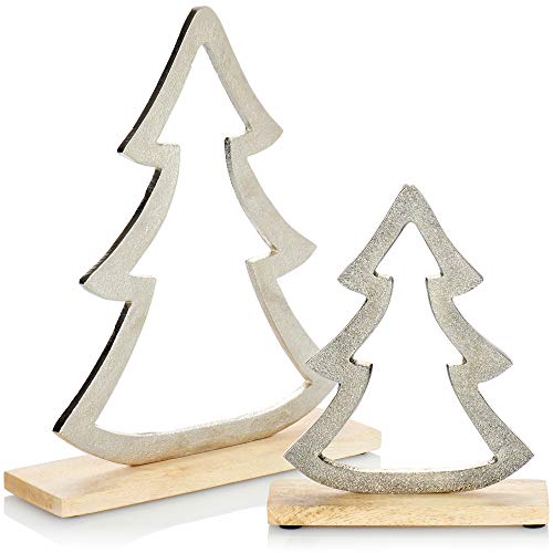 COM-FOUR® 2X Weihnachtsdekoration aus Metall - Weihnachtsfigur Tannenbaum auf Holz-Standfuß - Fensterbrettdeko - Aufsteller Weihnachten - Höhe: 18,5cm, 27cm (2 Stück - Tanne - groß/klein) von com-four