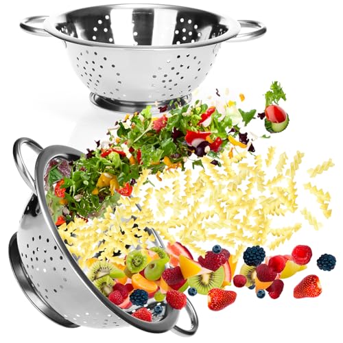 COM-FOUR® 2x Küchensieb aus Edelstahl - klassisches Nudelsieb - rundes Abtropfsieb zum Waschen von Obst, Gemüse und Salat (2 Stück - Henkel) von com-four