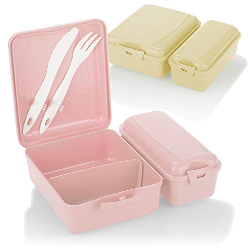 com-four® 2x Lunch-Box mit zwei getrennten Fächern, Aufschnittdose, Brotdose für unterwegs, mit Besteck, Messer und Gabel im Deckel (2 Stück - rosa beige) von com-four