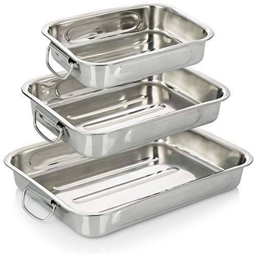 COM-FOUR® 3-teiliges Braten- und Backform-Set - Edelstahl Bräter mit Haltegriffen - Auflaufform Edelstahl zum Kochen und Backen - Ofenform (silberfarben - 3-teilig) von com-four